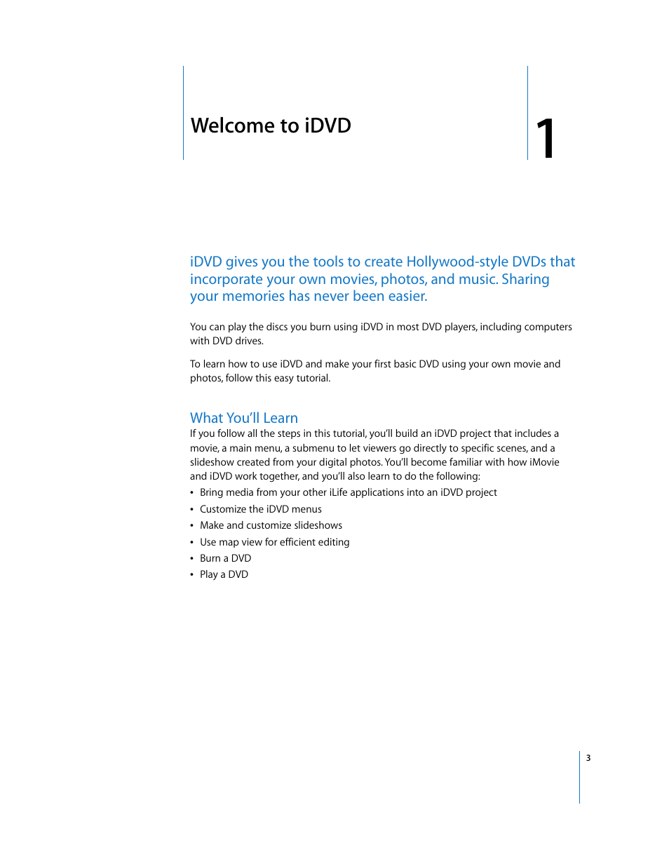Welcome to idvd, What you’ll learn, Chapter 1 | Apple iDVD '08 User Manual | Page 3 / 35