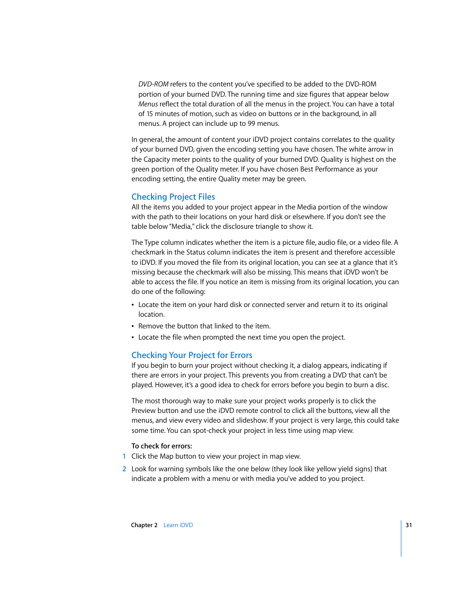 Checking project files, Checking your project for errors | Apple iDVD '08 User Manual | Page 31 / 35