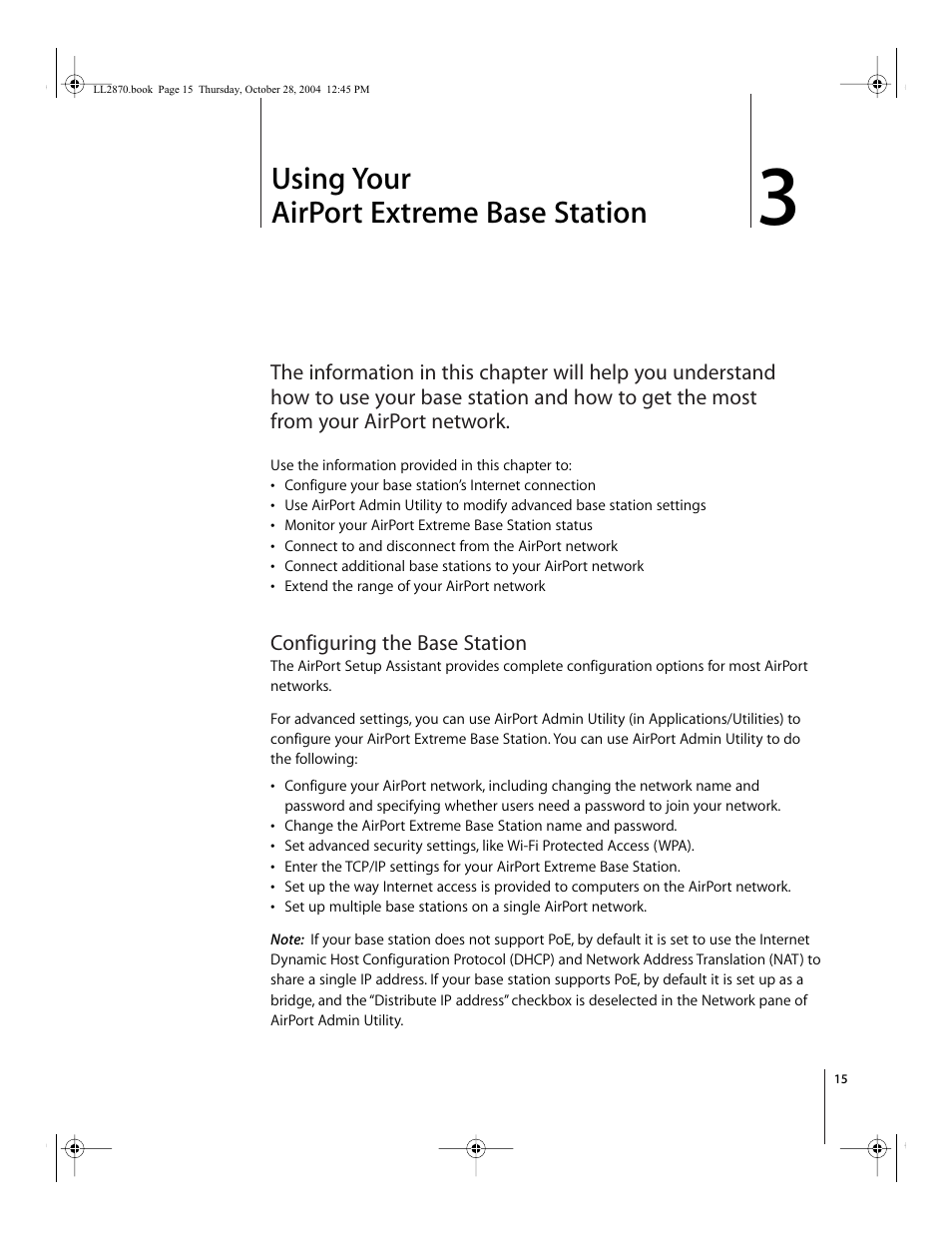 Using your airport extreme base station, Configuring the base station, Chapter | Apple AirPort Extreme Base Station User Manual | Page 15 / 36