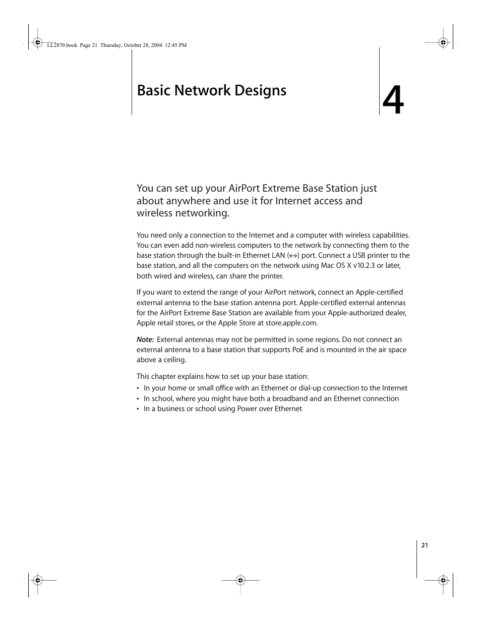 Basic network designs, Chapter | Apple AirPort Extreme Base Station User Manual | Page 21 / 36