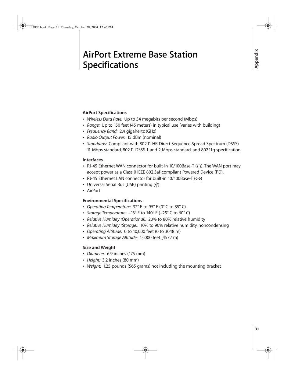 Airport extreme base station specifications, Appendix | Apple AirPort Extreme Base Station User Manual | Page 31 / 36