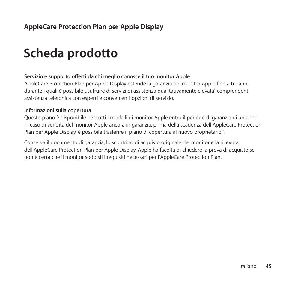 Scheda prodotto, Applecare protection plan per apple display | Apple AppleCare Protection Plan for Apple Display User Manual | Page 45 / 108