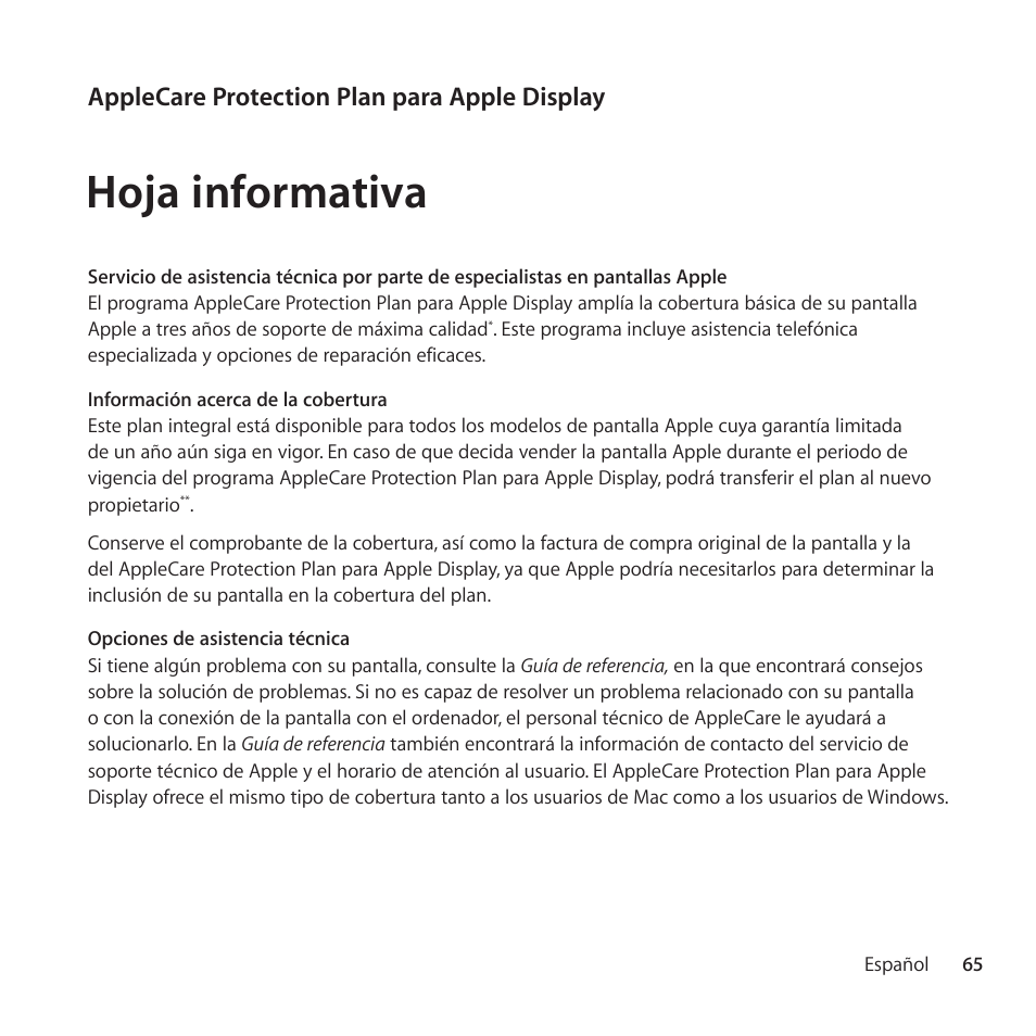 Hoja informativa, Applecare protection plan para apple display | Apple AppleCare Protection Plan for Apple Display User Manual | Page 65 / 108