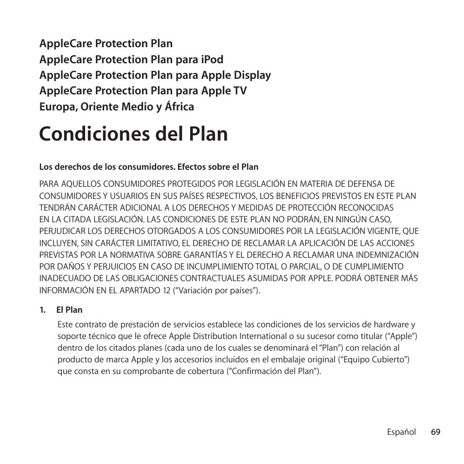 Condiciones del plan | Apple AppleCare Protection Plan for Apple Display User Manual | Page 69 / 108