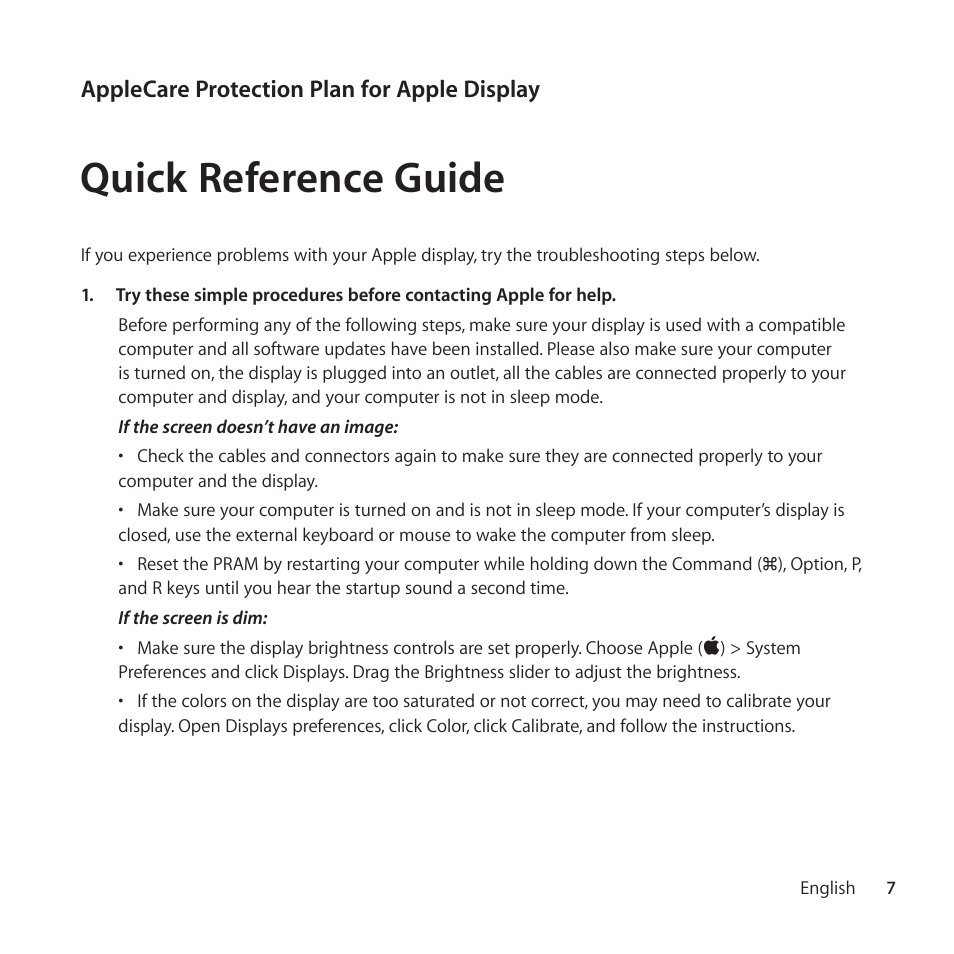 Quick reference guide | Apple AppleCare Protection Plan for Apple Display User Manual | Page 7 / 108