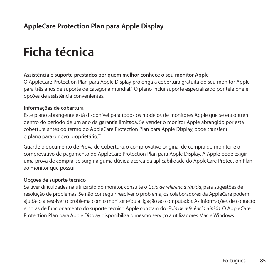 Ficha técnica, Applecare protection plan para apple display | Apple AppleCare Protection Plan for Apple Display User Manual | Page 85 / 108