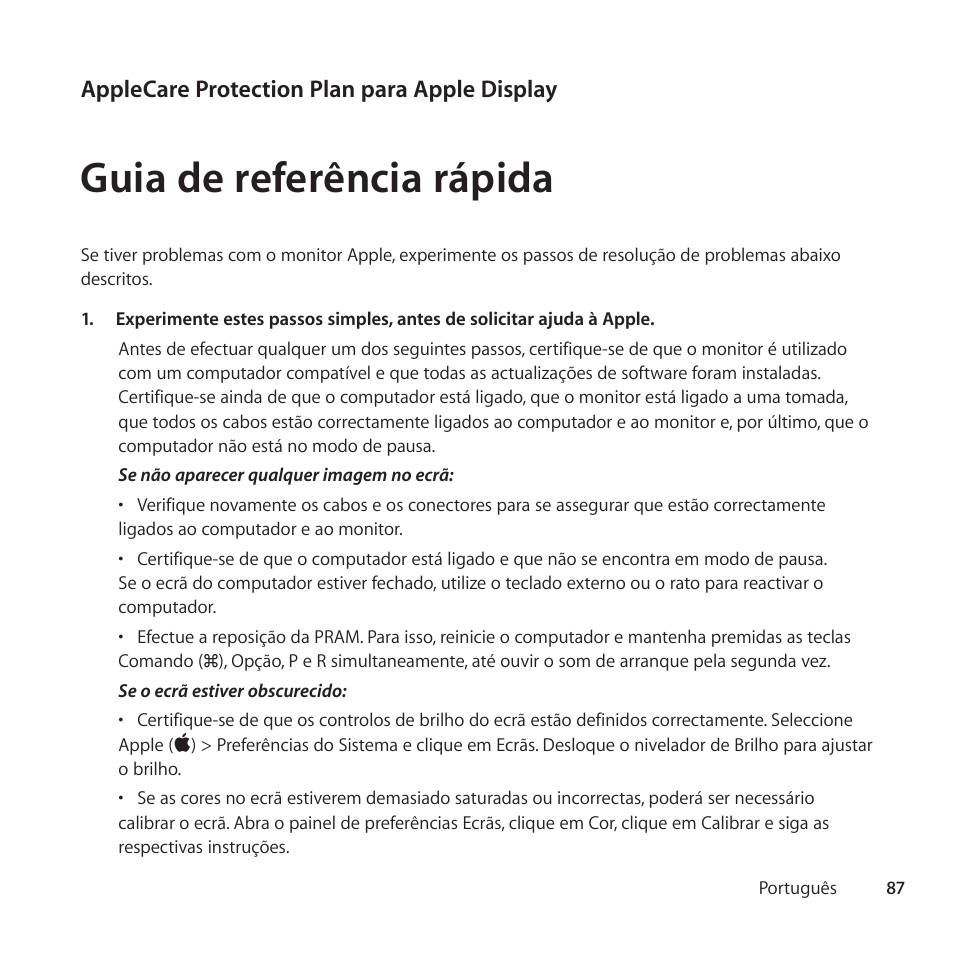 Guia de referência rápida | Apple AppleCare Protection Plan for Apple Display User Manual | Page 87 / 108