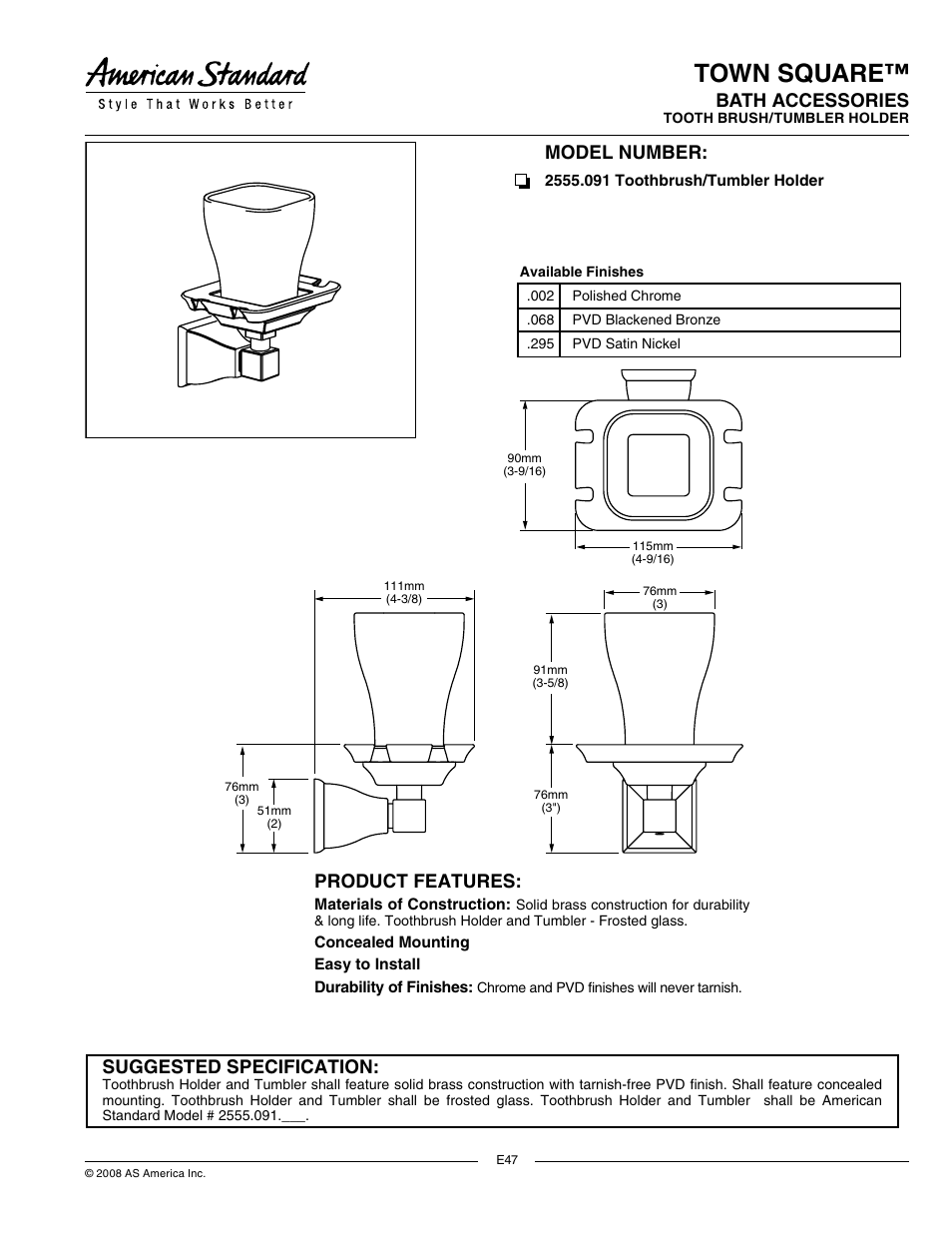 American Standard TownSquare Accessories 2555.091 User Manual | 1 page