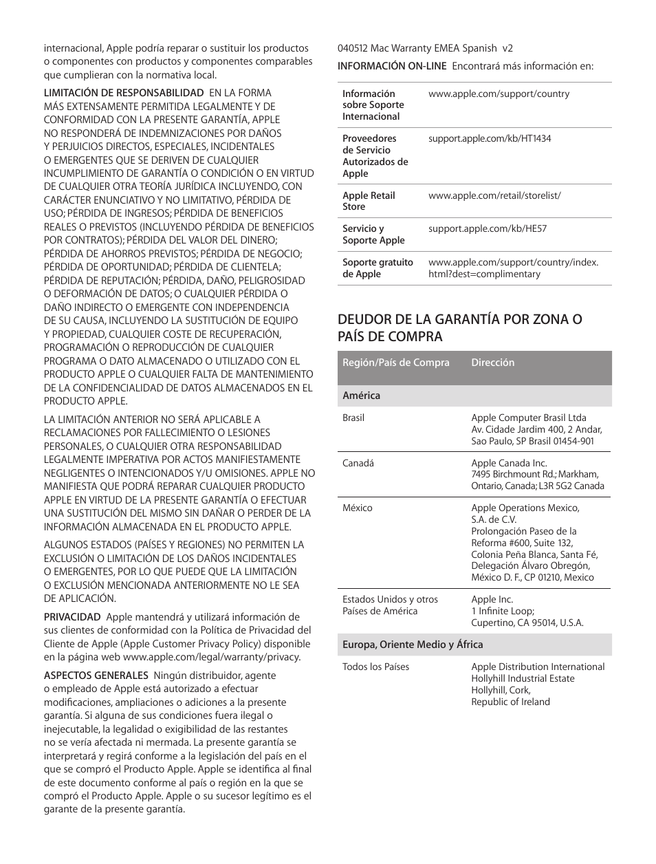 Deudor de la garantía por zona o país de compra | Apple iMac (21.5-inch, Early 2013 Education only) User Manual | Page 11 / 12