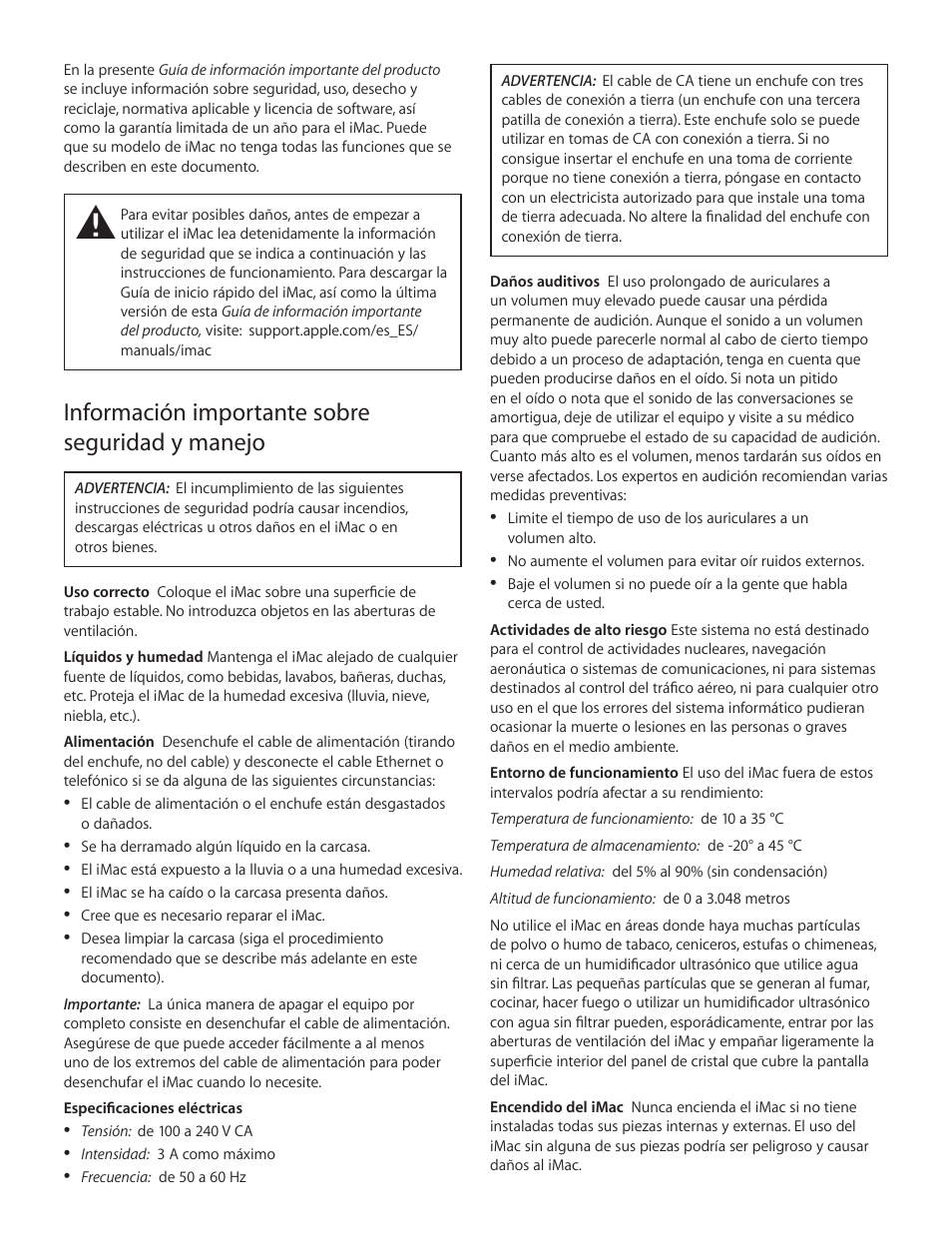 Información importante sobre seguridad y manejo | Apple iMac (21.5-inch, Early 2013 Education only) User Manual | Page 2 / 12