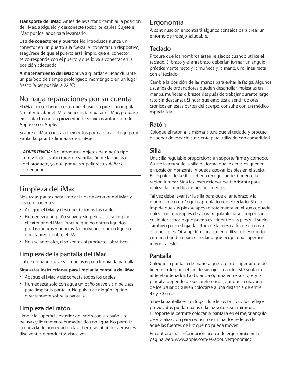 Ergonomía, No haga reparaciones por su cuenta, Limpieza del imac | Apple iMac (21.5-inch, Early 2013 Education only) User Manual | Page 3 / 12