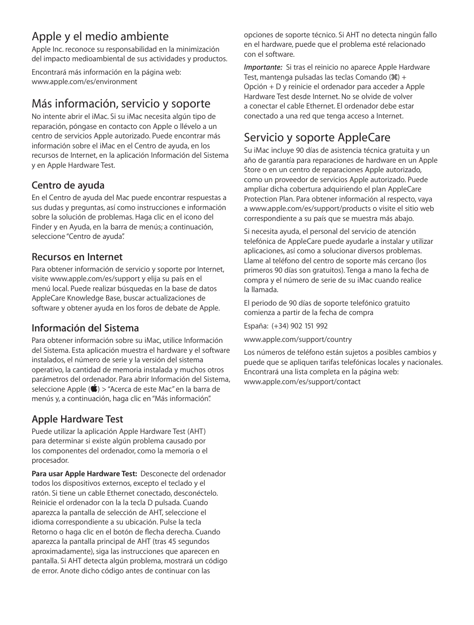 Servicio y soporte applecare, Apple y el medio ambiente, Más información, servicio y soporte | Apple iMac (21.5-inch, Early 2013 Education only) User Manual | Page 4 / 12