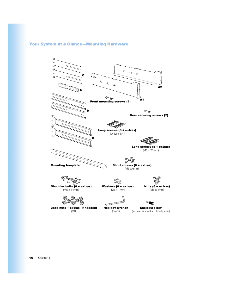 Your system at a glance—mounting hardware, Your system at a glance—mounting hardware 16 | Apple Xserve RAID User Manual | Page 15 / 92