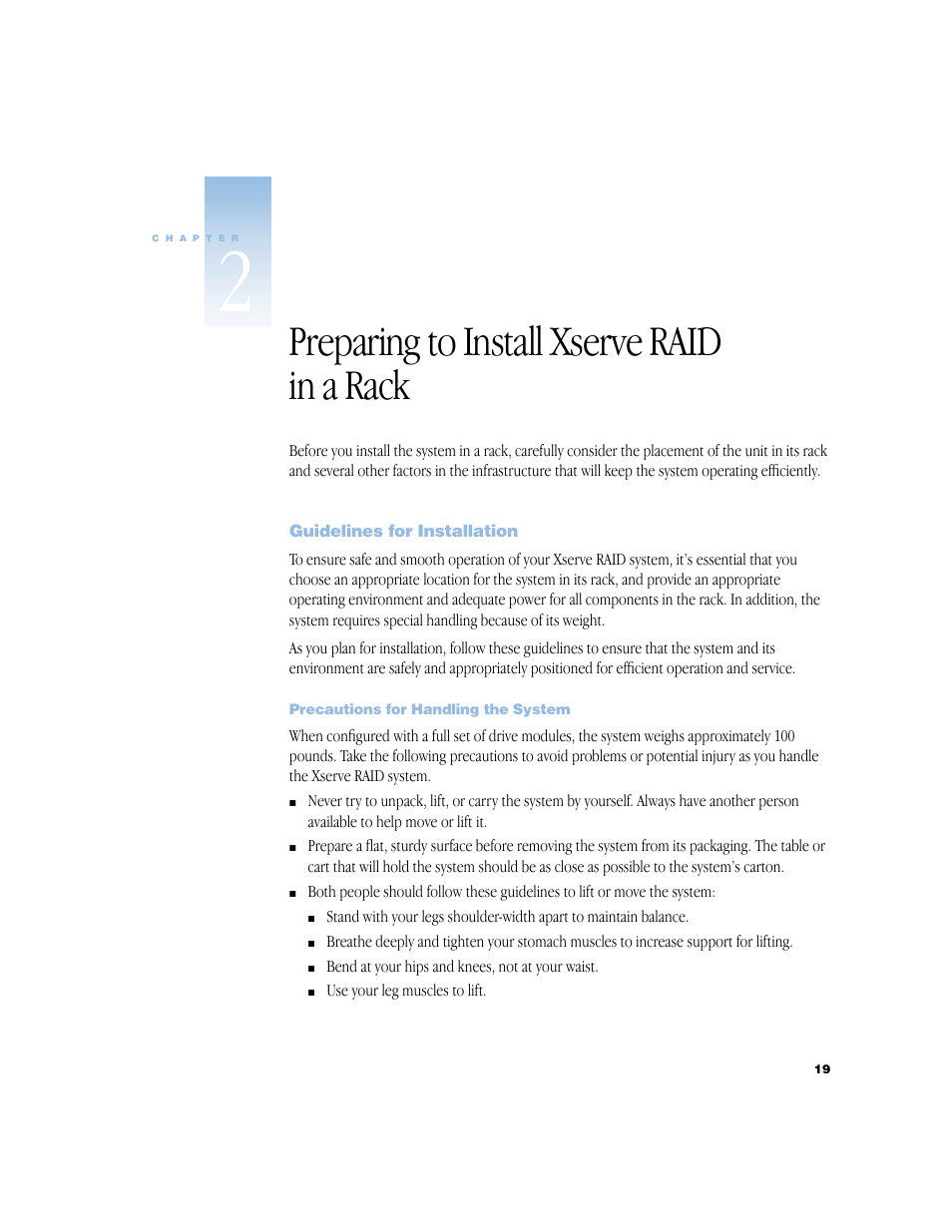 Preparing to install xserve raid in a rack, Guidelines for installation, Precautions for handling the system | Preparing to install xserve raid in a rack 19, Guidelines for installation 19, Precautions for handling the system 19 | Apple Xserve RAID User Manual | Page 18 / 92