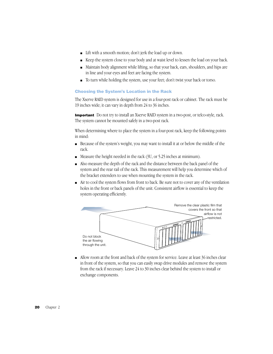 Choosing the system’s location in the rack, Choosing the system’s location in the rack 20 | Apple Xserve RAID User Manual | Page 19 / 92