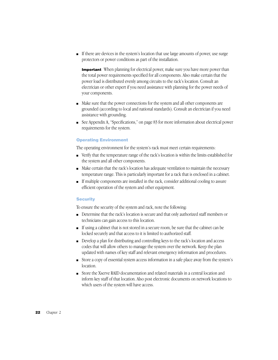 Operating environment, Security, Operating environment 22 | Security 22 | Apple Xserve RAID User Manual | Page 21 / 92