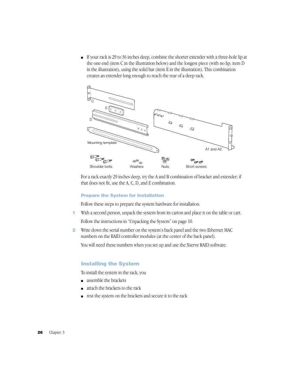 Prepare the system for installation, Installing the system, Prepare the system for installation 26 | Installing the system 26 | Apple Xserve RAID User Manual | Page 25 / 92