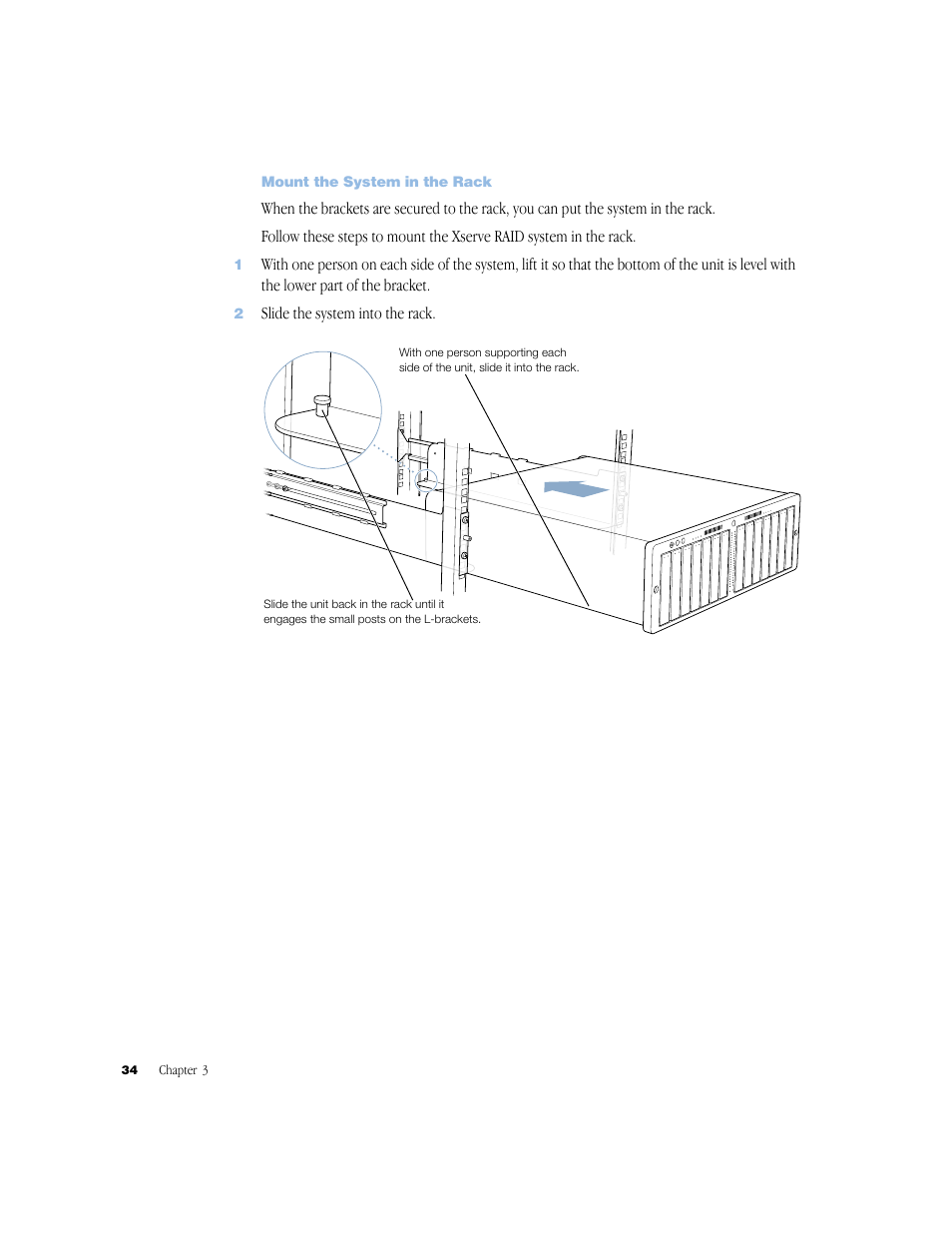 Mount the system in the rack, Mount the system in the rack 34 | Apple Xserve RAID User Manual | Page 33 / 92