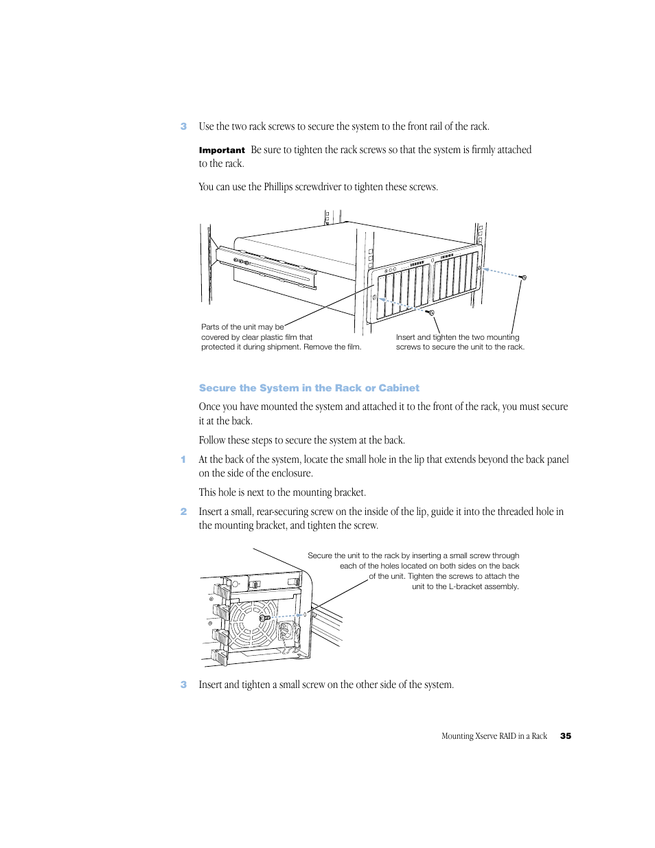Secure the system in the rack or cabinet, Secure the system in the rack or cabinet 35 | Apple Xserve RAID User Manual | Page 34 / 92