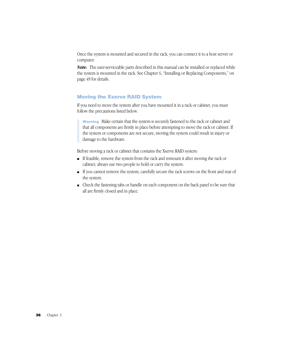 Moving the xserve raid system, Moving the xserve raid system 36 | Apple Xserve RAID User Manual | Page 35 / 92