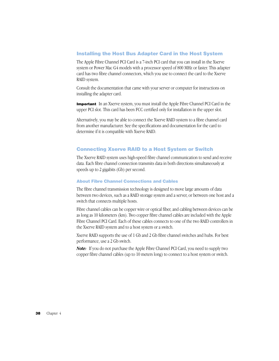 Connecting xserve raid to a host system or switch, About fibre channel connections and cables, About fibre channel connections and cables 38 | Apple Xserve RAID User Manual | Page 37 / 92