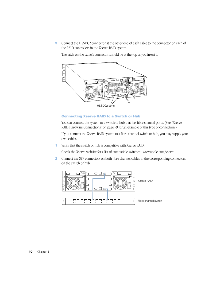 Connecting xserve raid to a switch or hub, Connecting xserve raid to a switch or hub 40 | Apple Xserve RAID User Manual | Page 39 / 92