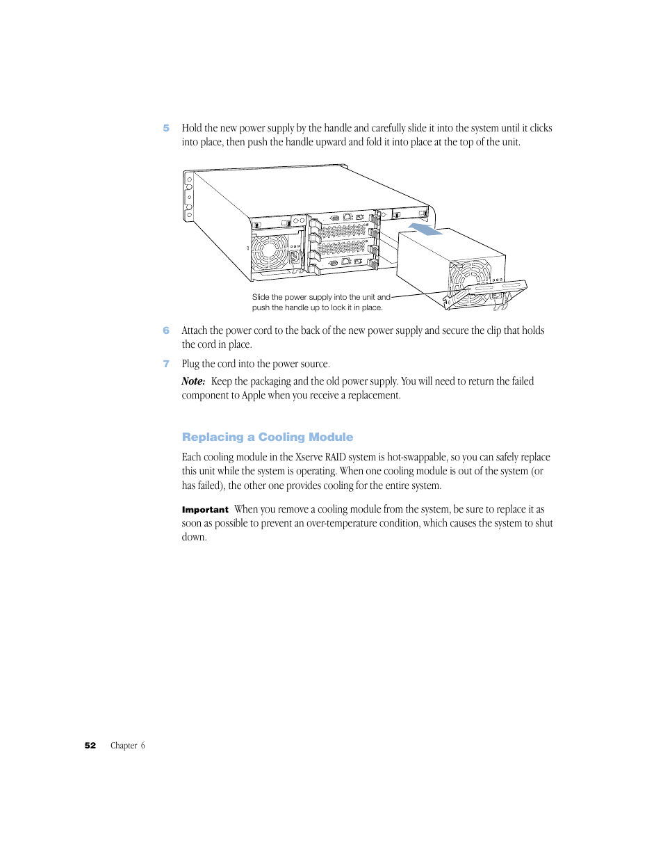 Replacing a cooling module, Replacing a cooling module 52 | Apple Xserve RAID User Manual | Page 51 / 92