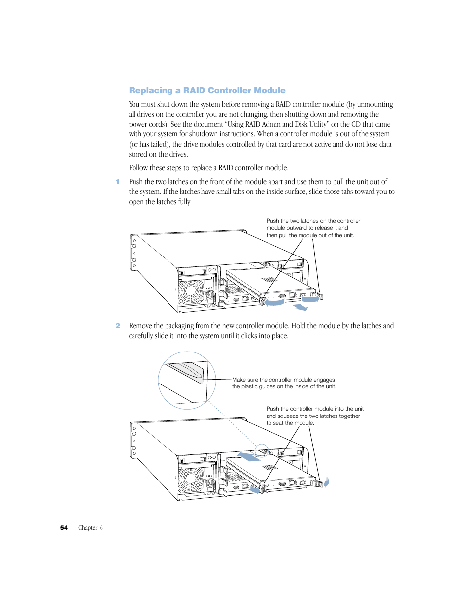 Replacing a raid controller module, Replacing a raid controller module 54 | Apple Xserve RAID User Manual | Page 53 / 92