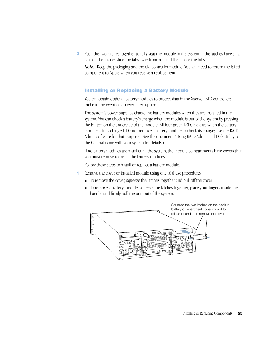 Installing or replacing a battery module, Installing or replacing a battery module 55 | Apple Xserve RAID User Manual | Page 54 / 92