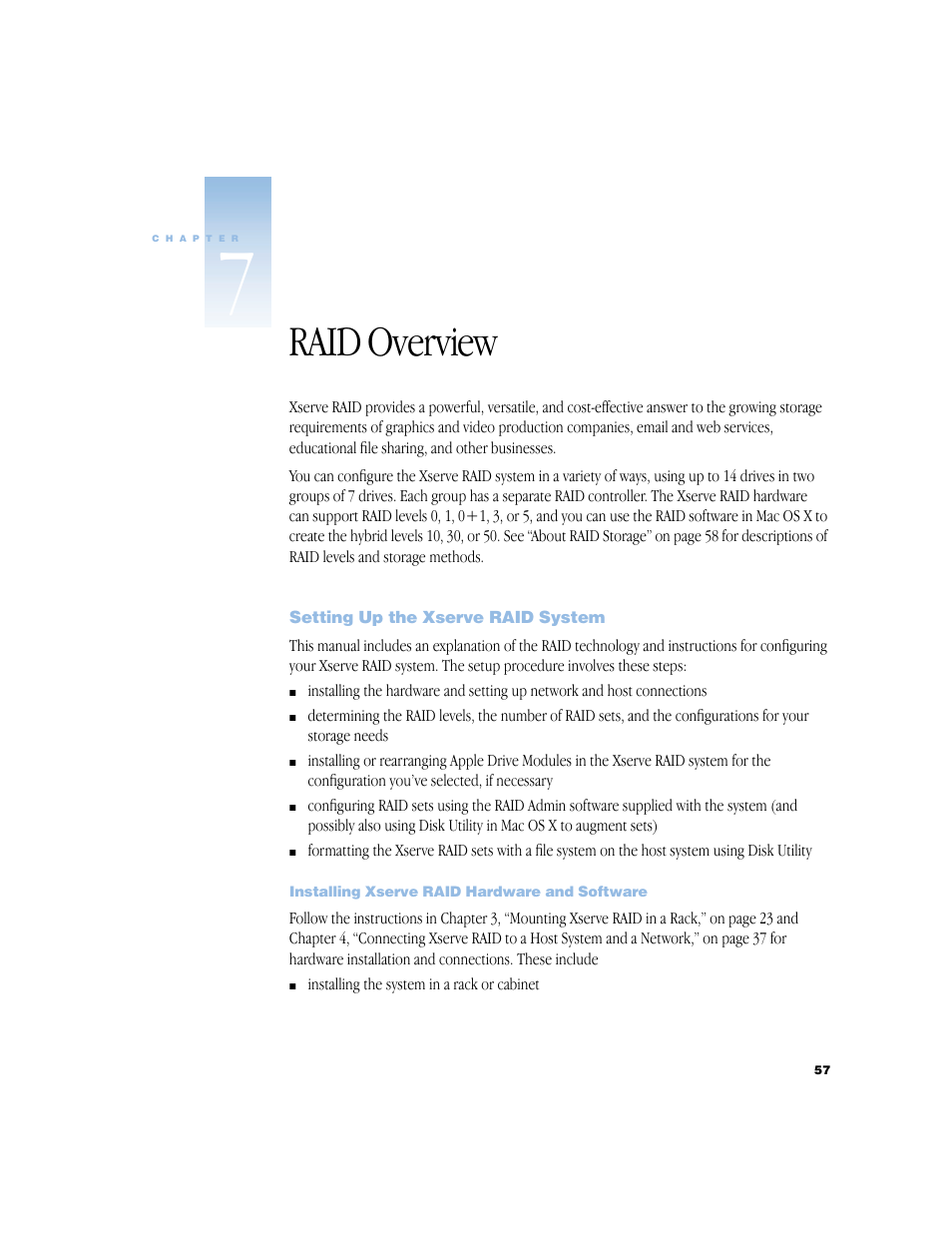 Raid overview, Setting up the xserve raid system, Installing xserve raid hardware and software | Raid overview 57, Setting up the xserve raid system 57, Installing xserve raid hardware and software 57 | Apple Xserve RAID User Manual | Page 56 / 92