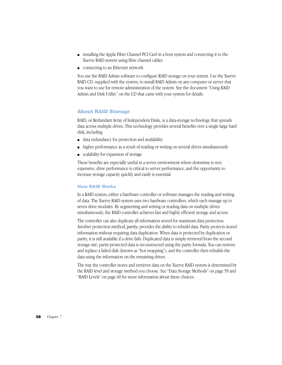 About raid storage, How raid works, About raid storage 58 | How raid works 58 | Apple Xserve RAID User Manual | Page 57 / 92