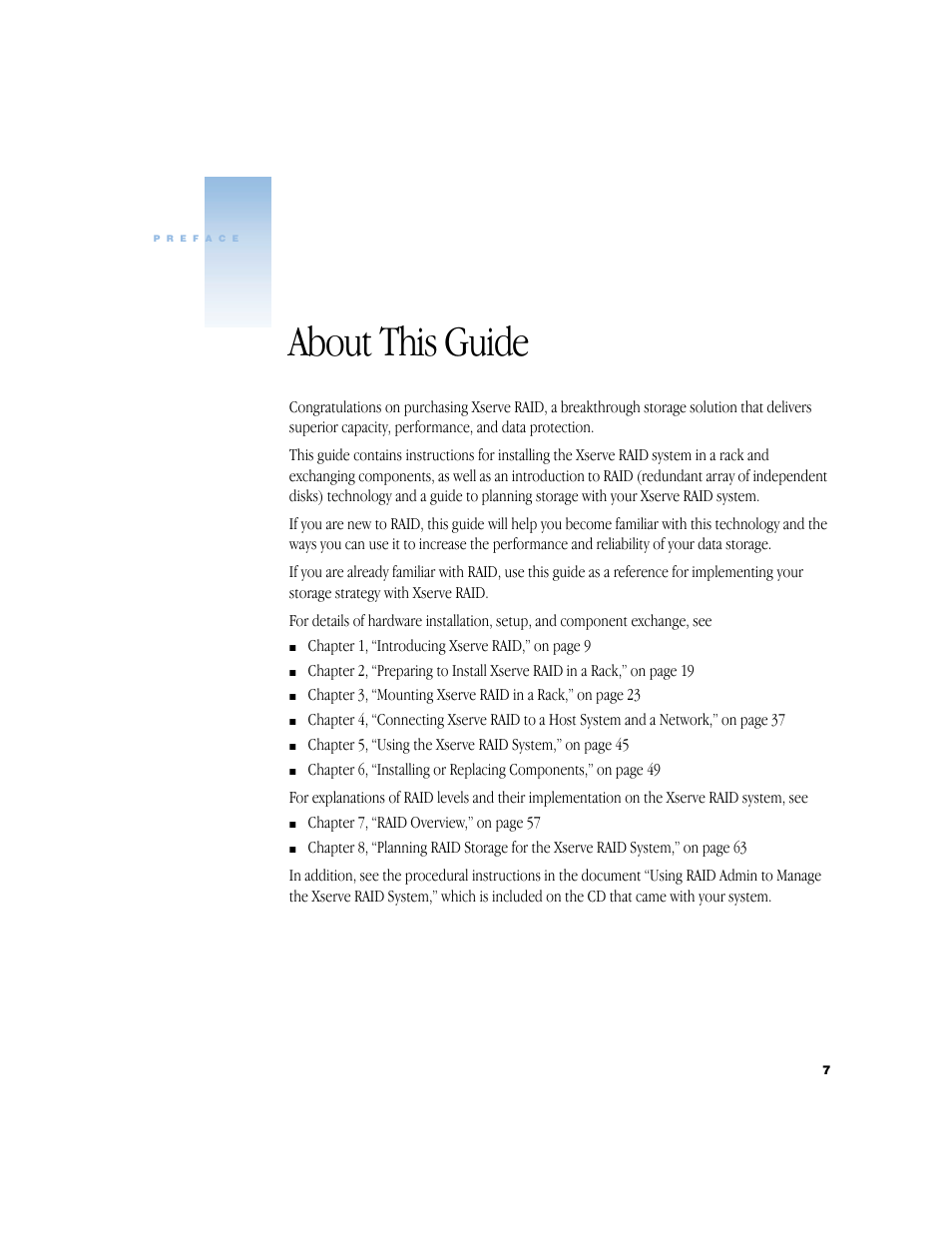 Preface about this guide 7, About this guide | Apple Xserve RAID User Manual | Page 6 / 92