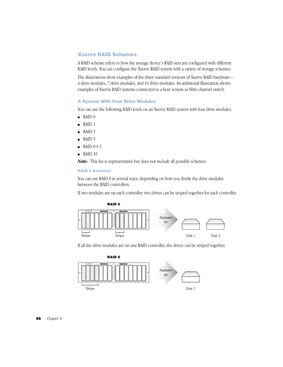 Xserve raid schemes, A system with four drive modules, Xserve raid schemes 66 | A system with four drive modules 66 | Apple Xserve RAID User Manual | Page 65 / 92