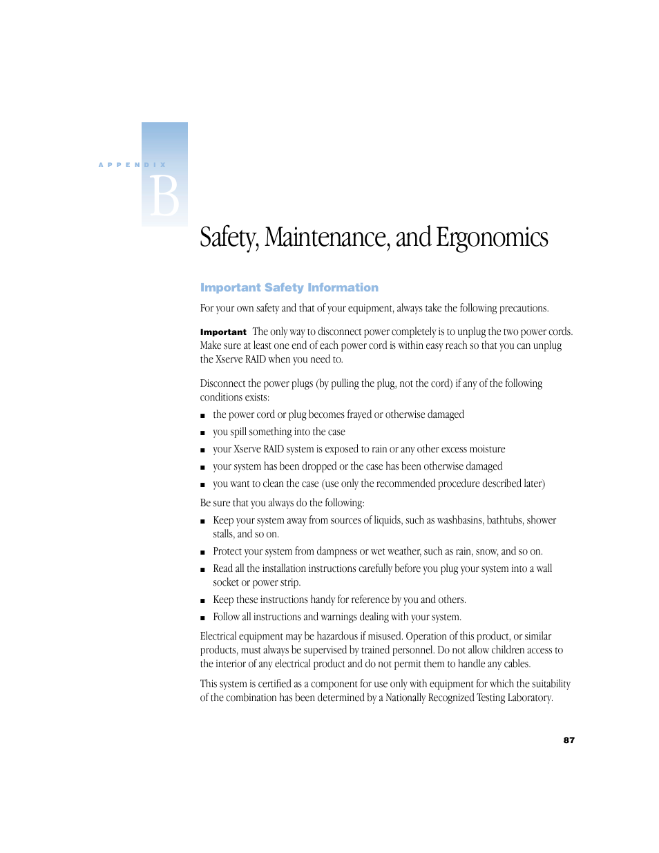 Safety, maintenance, and ergonomics, Important safety information, Appendix b safety, maintenance, and ergonomics 87 | Important safety information 87 | Apple Xserve RAID User Manual | Page 86 / 92