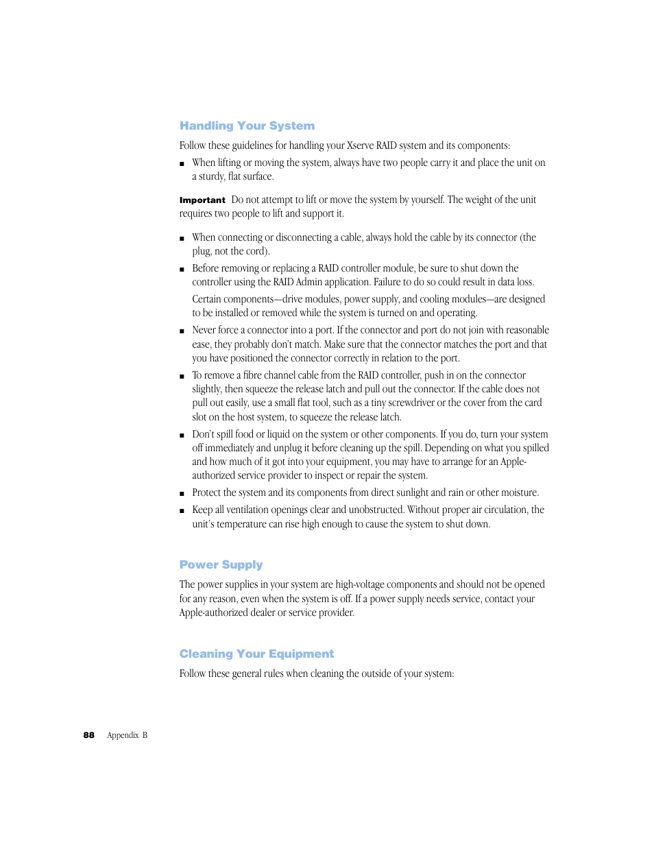 Handling your system, Power supply, Cleaning your equipment | Handling your system 88, Power supply 88, Cleaning your equipment 88 | Apple Xserve RAID User Manual | Page 87 / 92