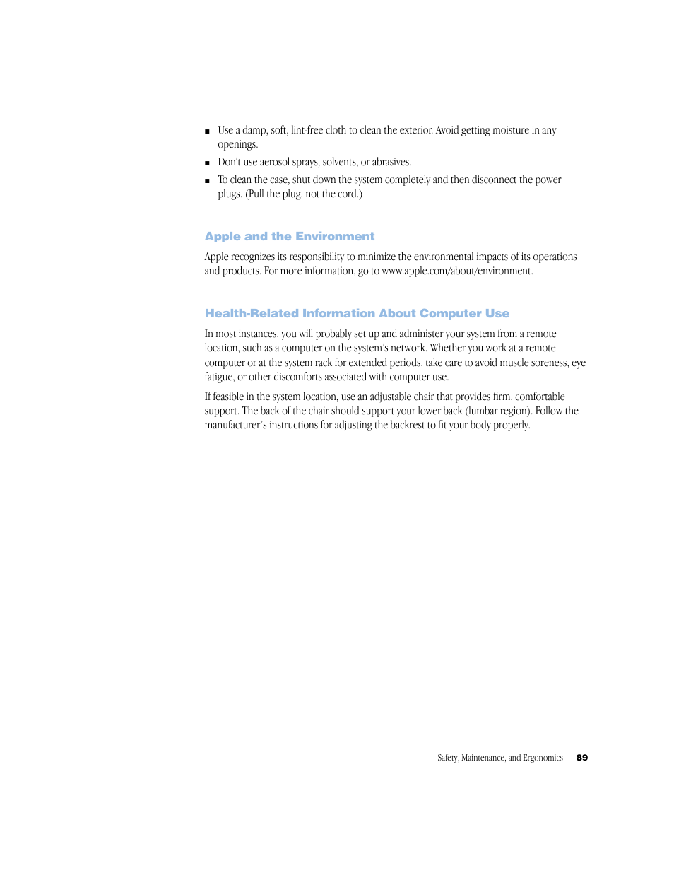 Apple and the environment, Health-related information about computer use, Apple and the environment 89 | Health-related information about computer use 89 | Apple Xserve RAID User Manual | Page 88 / 92