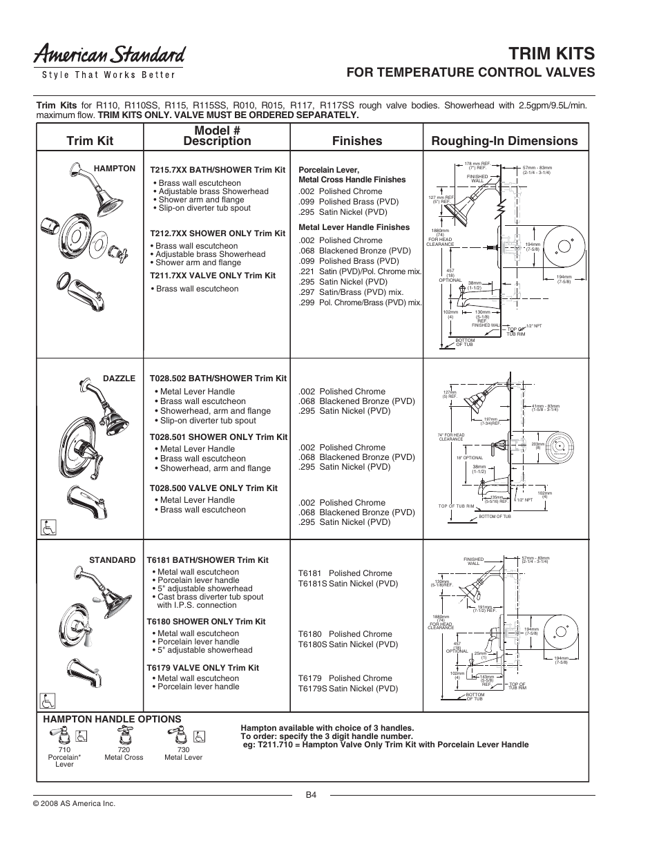 Trim kits, For temperature control valves, Tr im k it s | Hampton handle options | American Standard Pressure Balance Bath/Shower Temperature Control Valve R110SS User Manual | Page 4 / 5