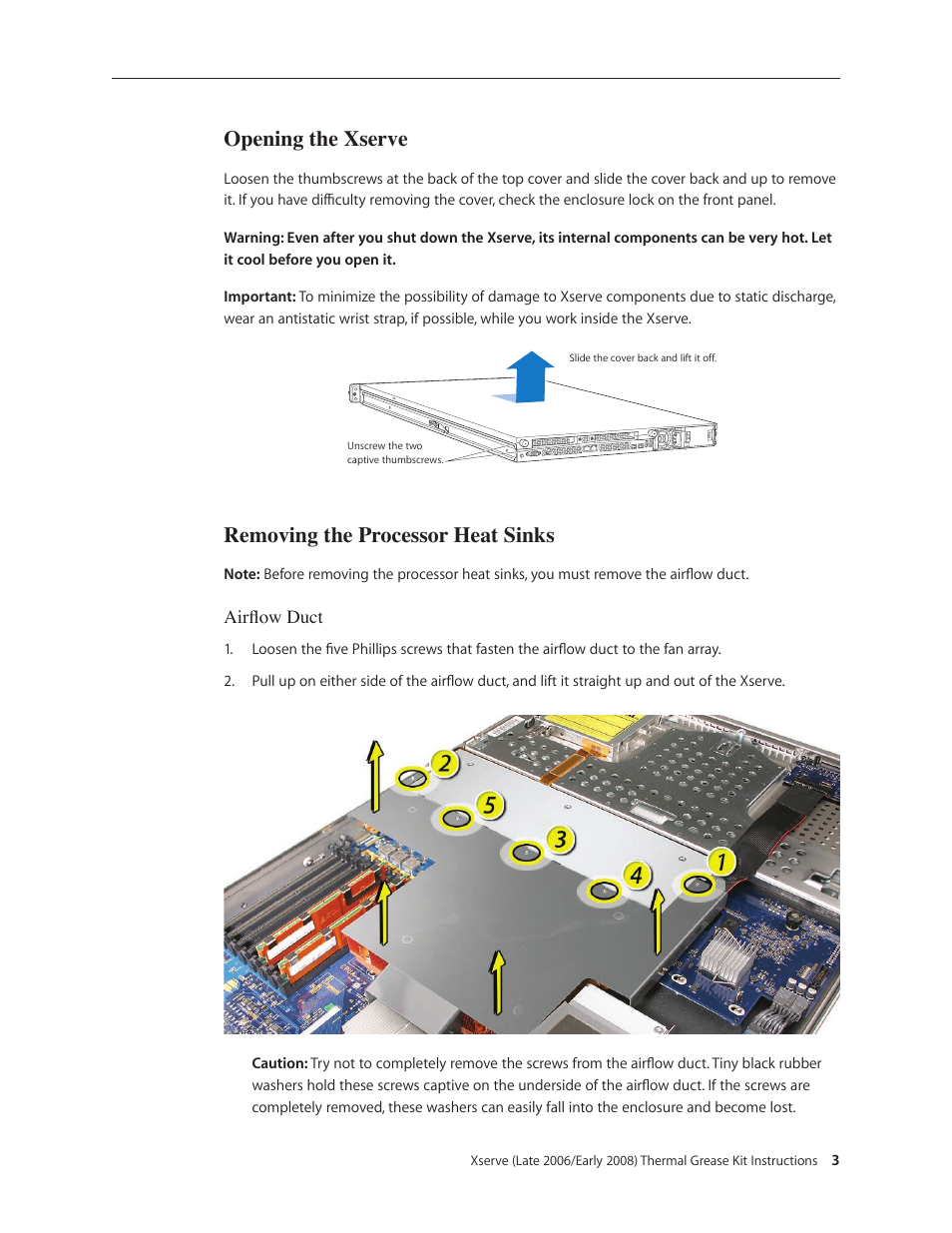 Opening the xserve, Removing the processor heat sinks | Apple Xserve (Early 2008) DIY Procedure for Thermal Grease Kit User Manual | Page 3 / 14