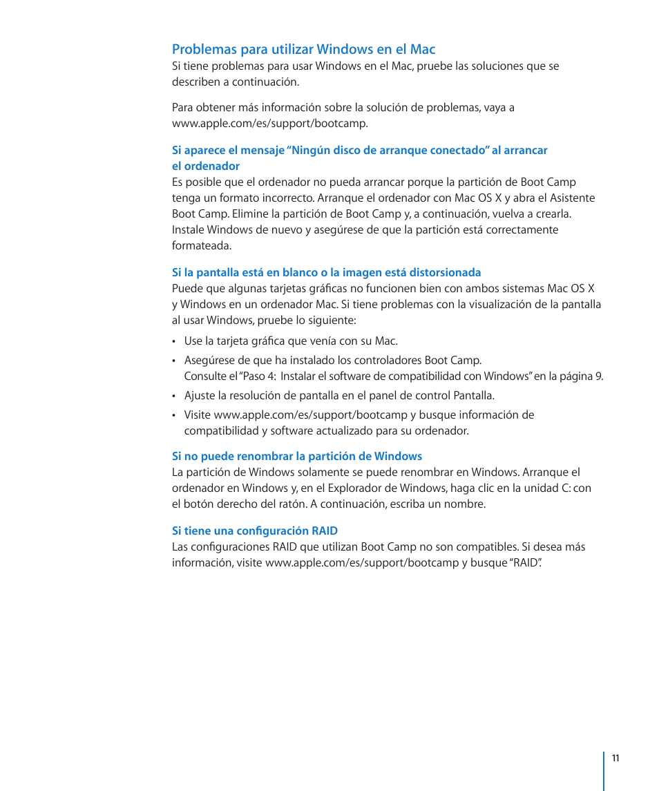 Problemas para utilizar windows en el mac, Si no puede renombrar la partición de windows, Si tiene una configuración raid | Apple Boot Camp (OS X Lion) User Manual | Page 11 / 14