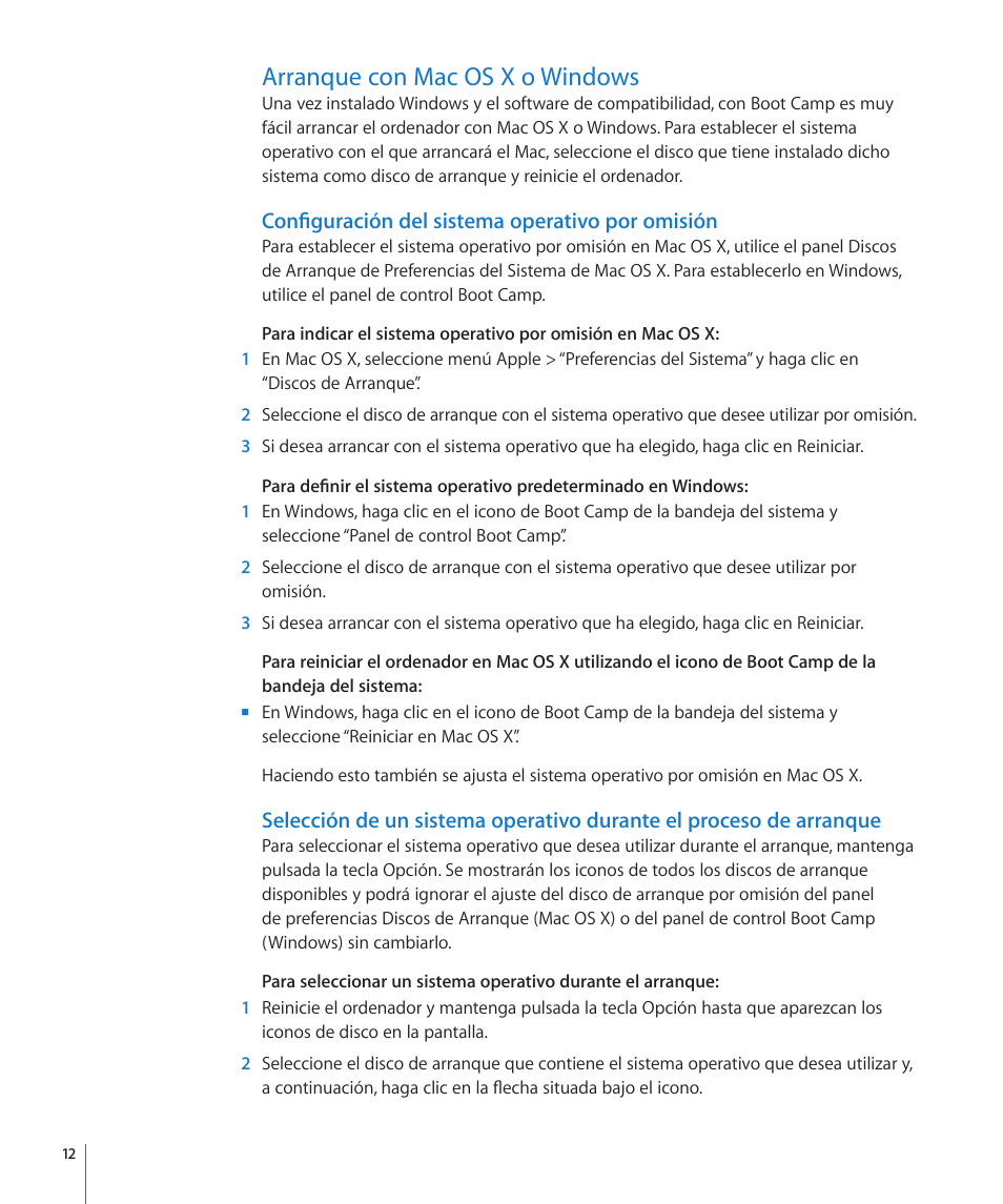 Arranque con mac os x o windows, Configuración del sistema operativo por omisión | Apple Boot Camp (OS X Lion) User Manual | Page 12 / 14