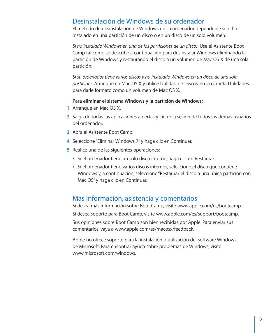 Desinstalación de windows de su ordenador, Más información, asistencia y comentarios | Apple Boot Camp (OS X Lion) User Manual | Page 13 / 14