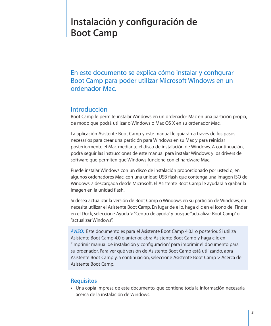 Introducción, Requisitos, Instalación y configuración de boot camp | Apple Boot Camp (OS X Lion) User Manual | Page 3 / 14