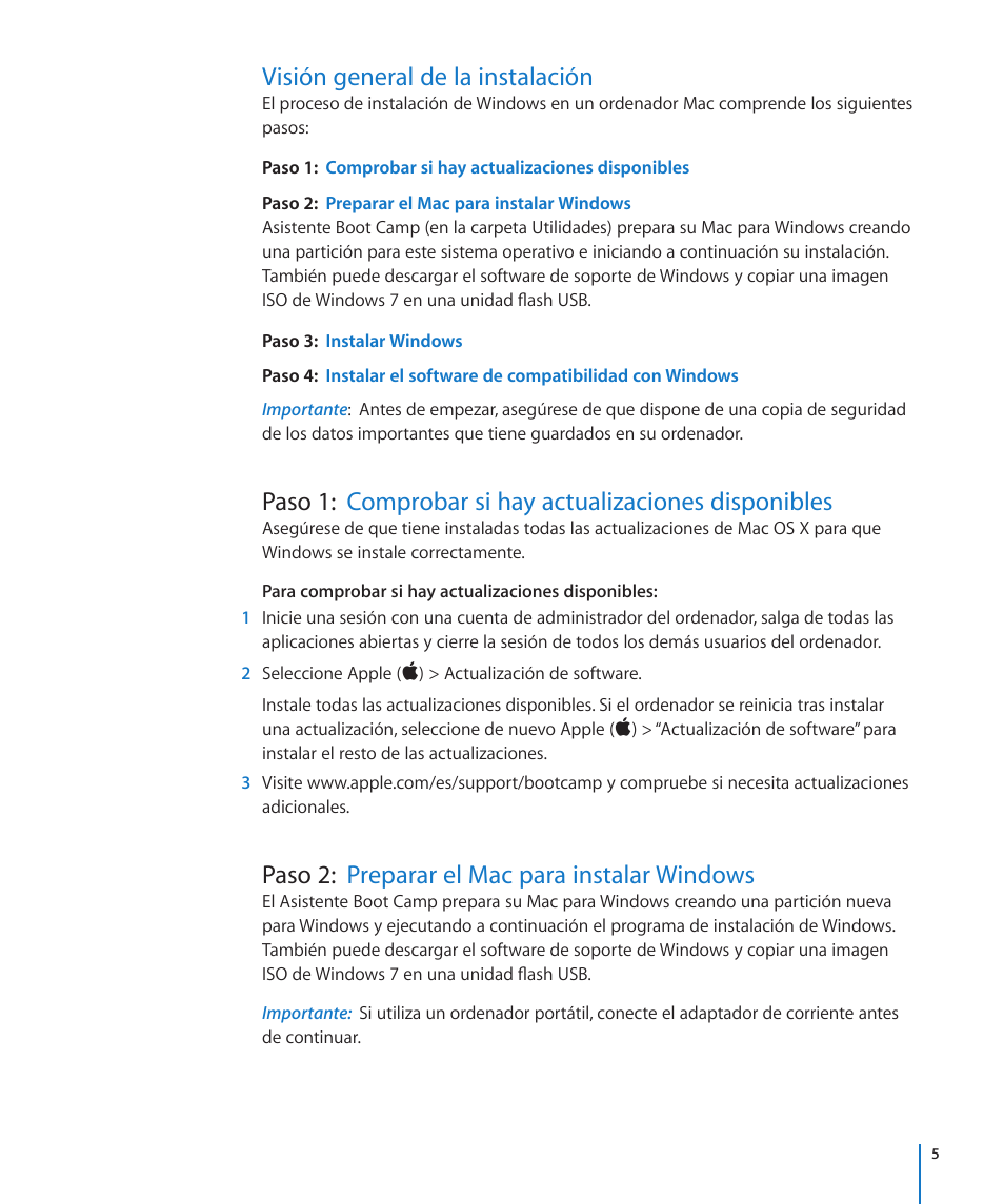 Visión general de la instalación, Paso 2: preparar el mac para instalar windows, Paso 3: instalar windows | Apple Boot Camp (OS X Lion) User Manual | Page 5 / 14