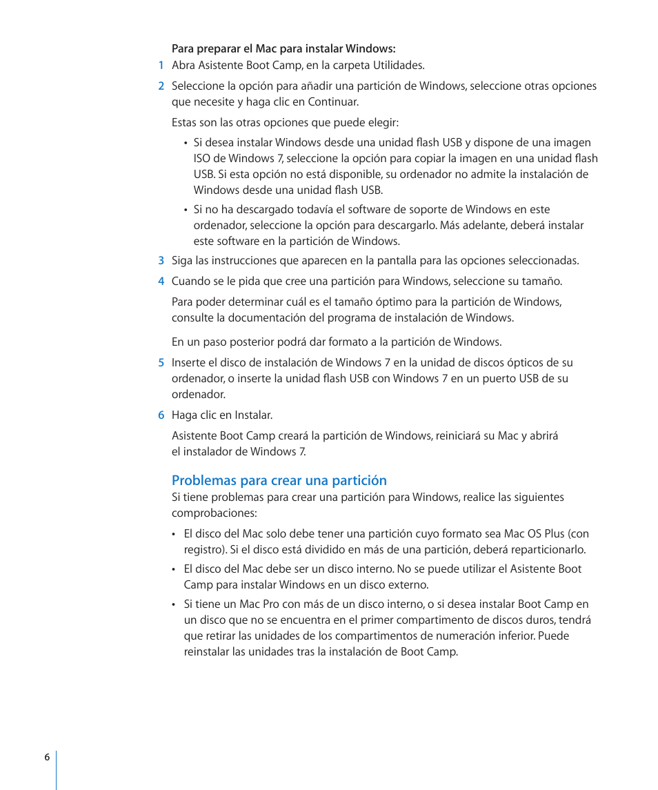 Problemas para crear una partición | Apple Boot Camp (OS X Lion) User Manual | Page 6 / 14