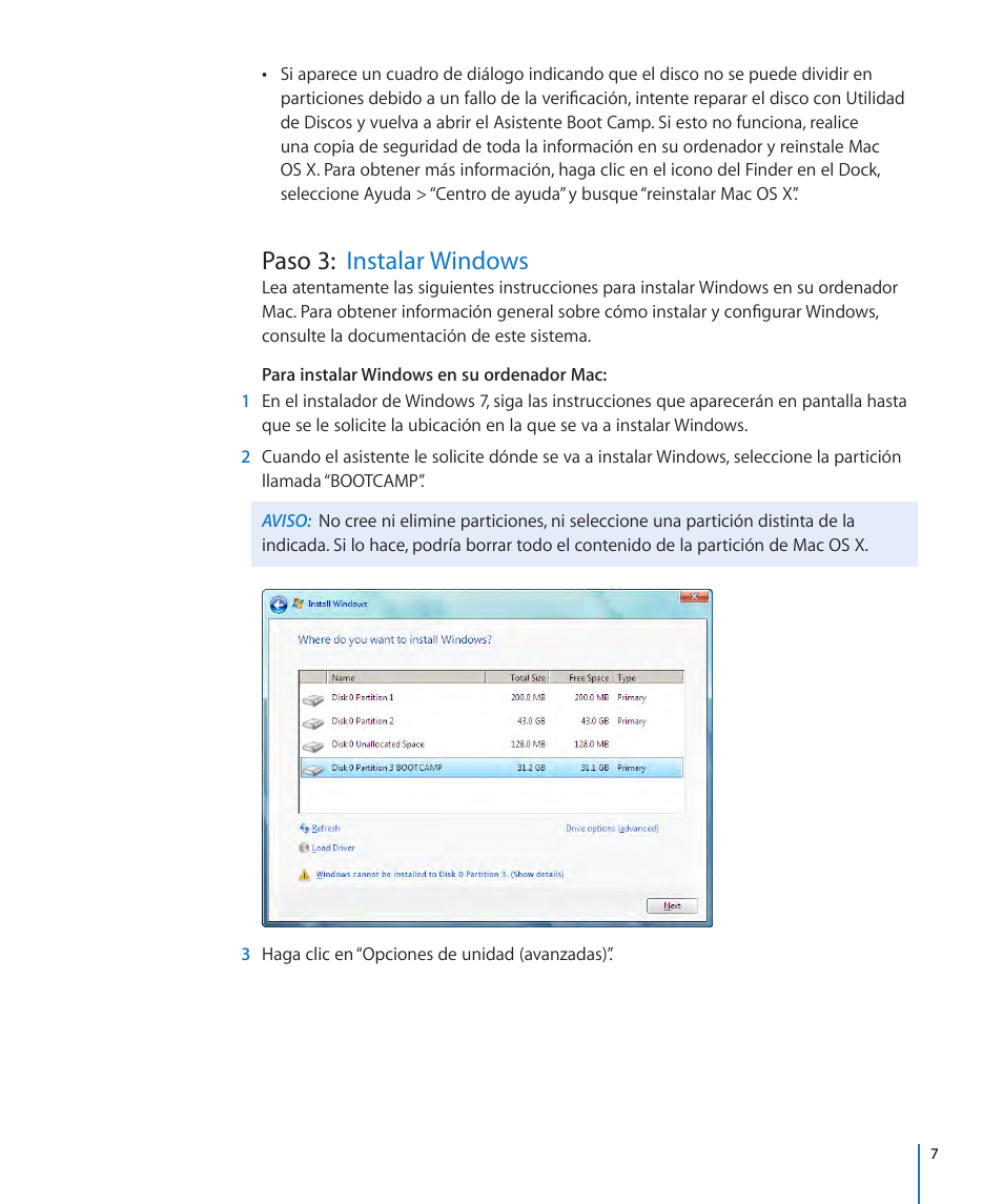 Paso 3: instalar windows | Apple Boot Camp (OS X Lion) User Manual | Page 7 / 14