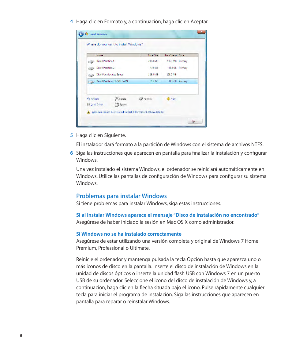 Problemas para instalar windows, Si windows no se ha instalado correctamente | Apple Boot Camp (OS X Lion) User Manual | Page 8 / 14