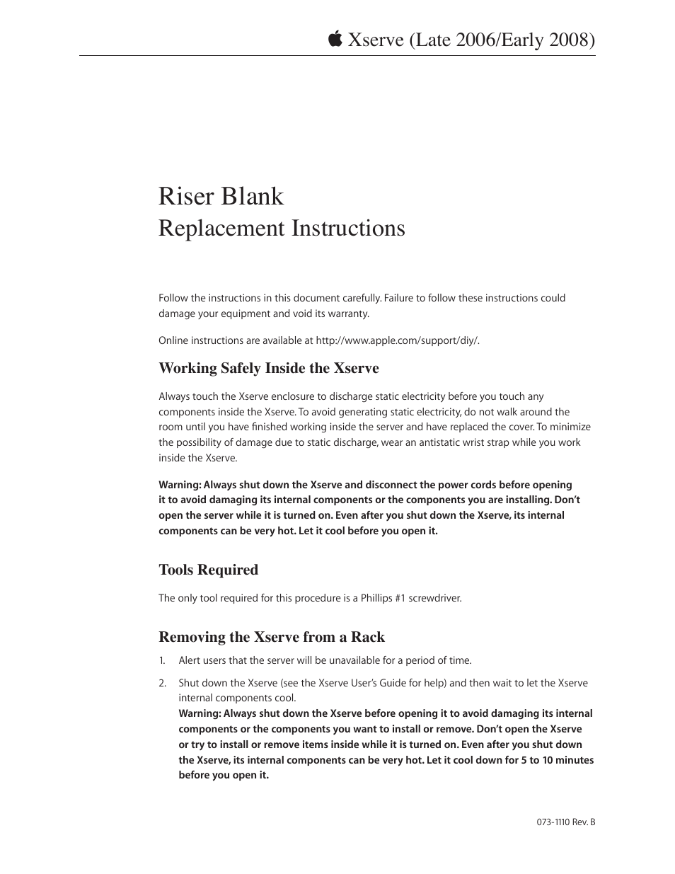 Apple Xserve (Early 2008) DIY Procedure for Riser Blank User Manual | 4 pages