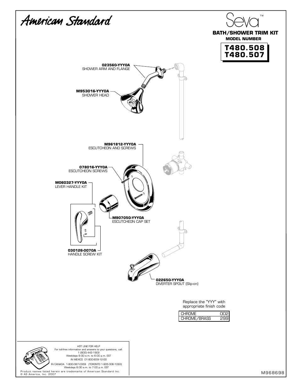 American Standard Seva T480.508 User Manual | 1 page