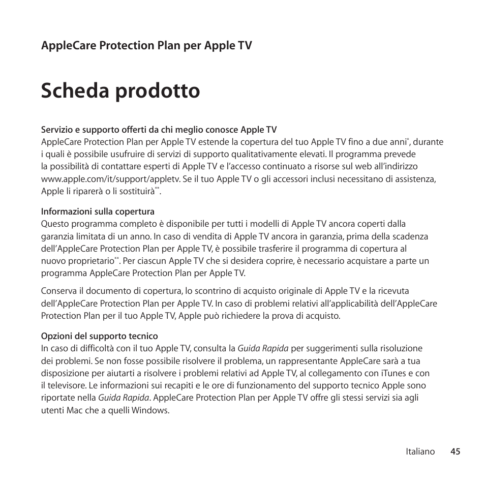 Scheda prodotto, Applecare protection plan per apple tv | Apple AppleCare Protection Plan for Apple TV User Manual | Page 45 / 108