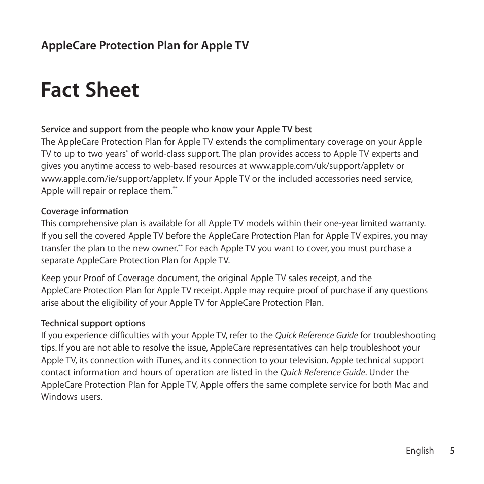 Fact sheet, Applecare protection plan for apple tv | Apple AppleCare Protection Plan for Apple TV User Manual | Page 5 / 108